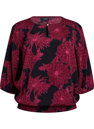Zizzi Viskose bluse med blomstertrykk og smocking, Mørk Bordeaux, Packshot image number 0