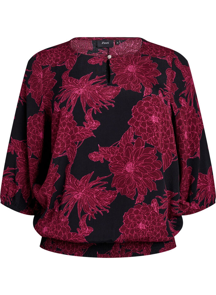 Viskose bluse med blomstertrykk og smocking, Mørk Bordeaux, Packshot image number 0