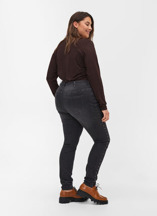 Amy jeans med høyt liv og nagler langs sidesømmene, Dark Grey Denim, Model image number 1