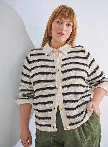 Zizzi Stripet strikket cardigan med gullknapper, Cloud D. w. Black, Image image number 0