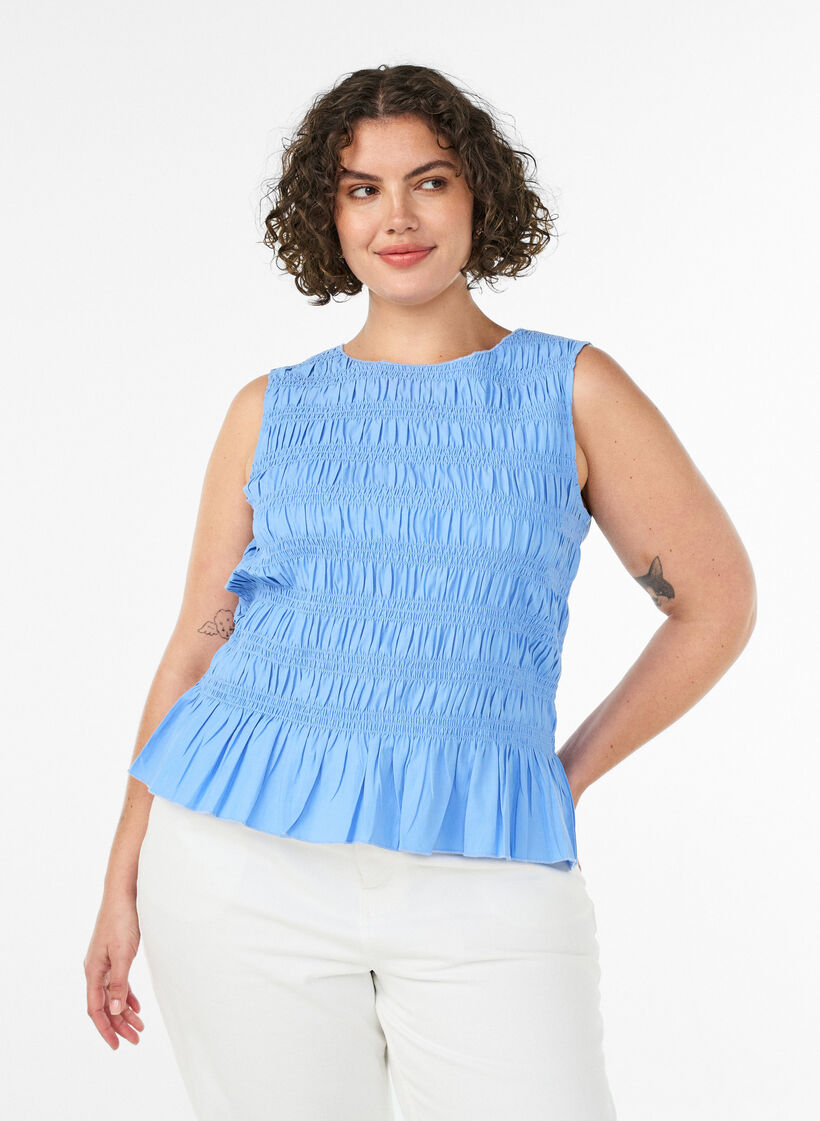 Smock-topp med b&aring;thals og peplum-fald, Bl&aring;, Model