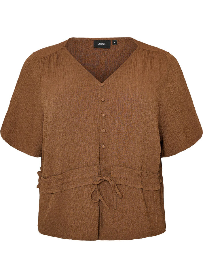 Bluse med tekstur og knytebelte, Brun, Packshot image number 0
