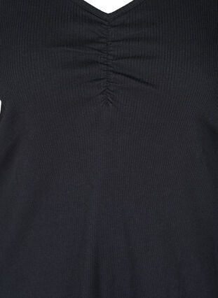 Bomullsbluse i ribbet struktur med V-hals og rynkedetalj, Black, Packshot image number 2