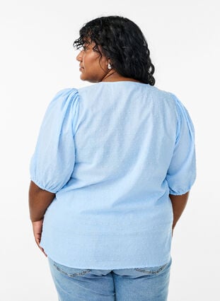 Zizzi Skjortebluse med knytebånd og prikkete tekstur, Blå, Model image number 2