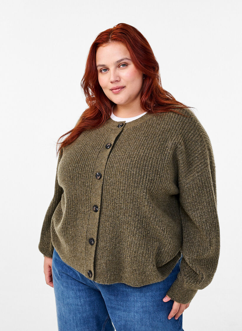 Ribbestrikket cardigan med knapper, Gr&oslash;nn, Model image number 0