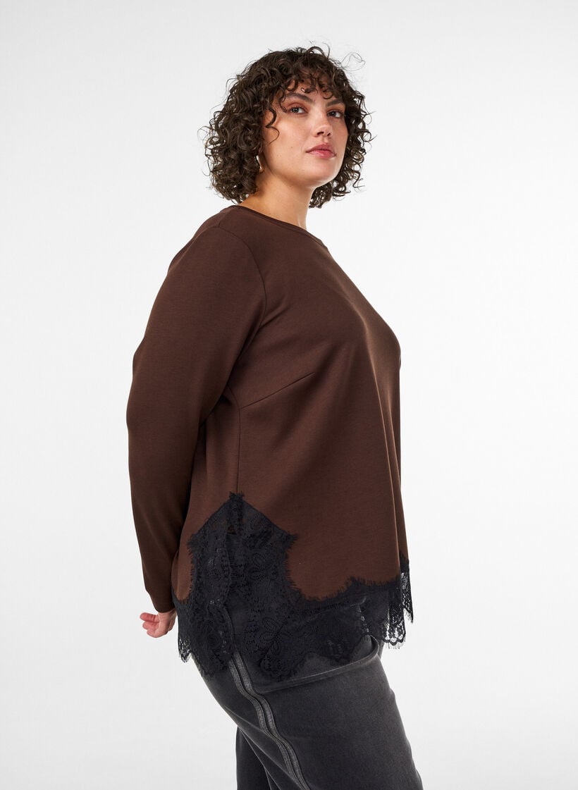 Jerseybluse med blonderkant, Brun, Model image number 3