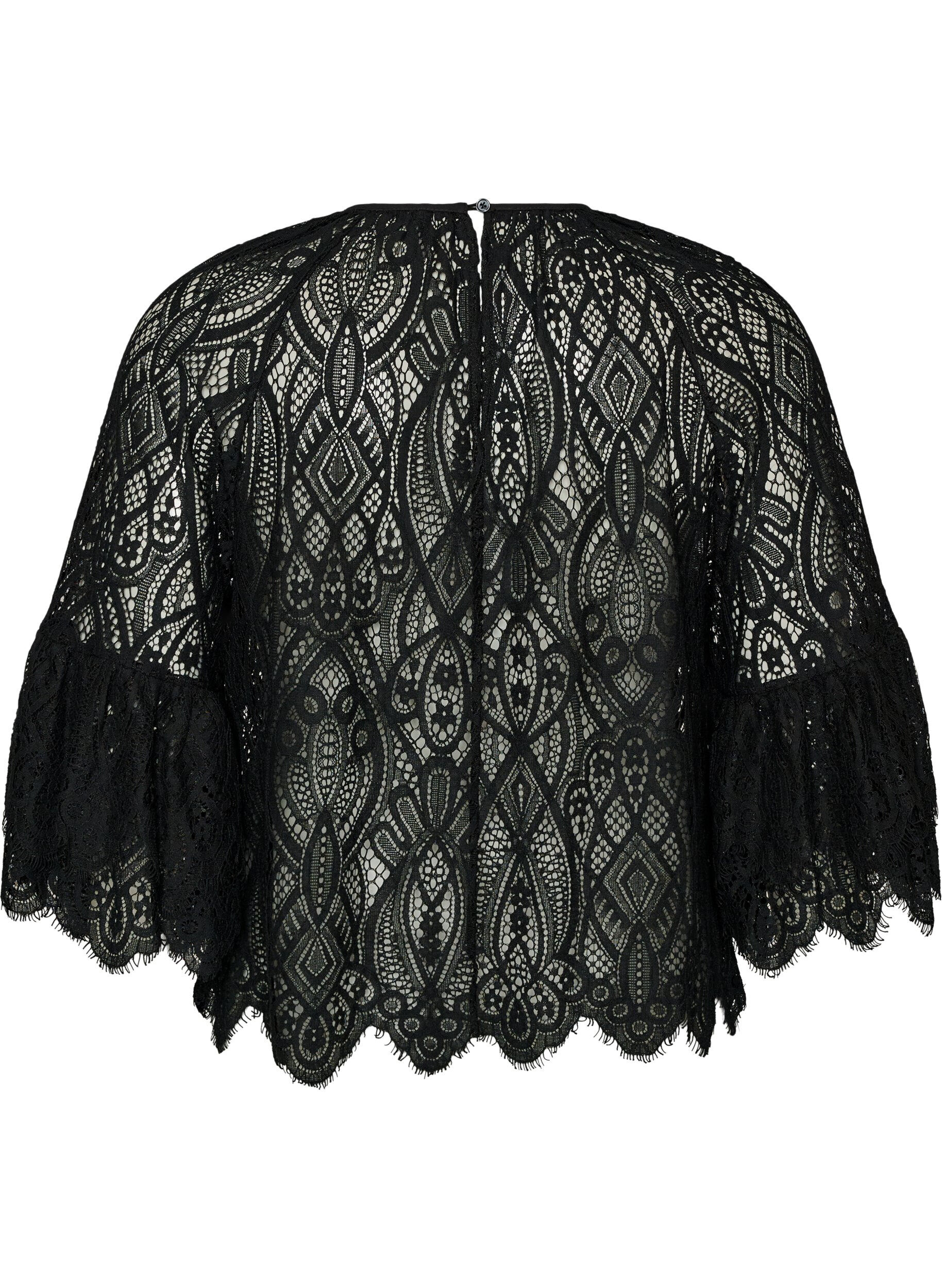 ZizziBlondebluse med lange trompetermer og volanger, Svart, Packshot image number 1