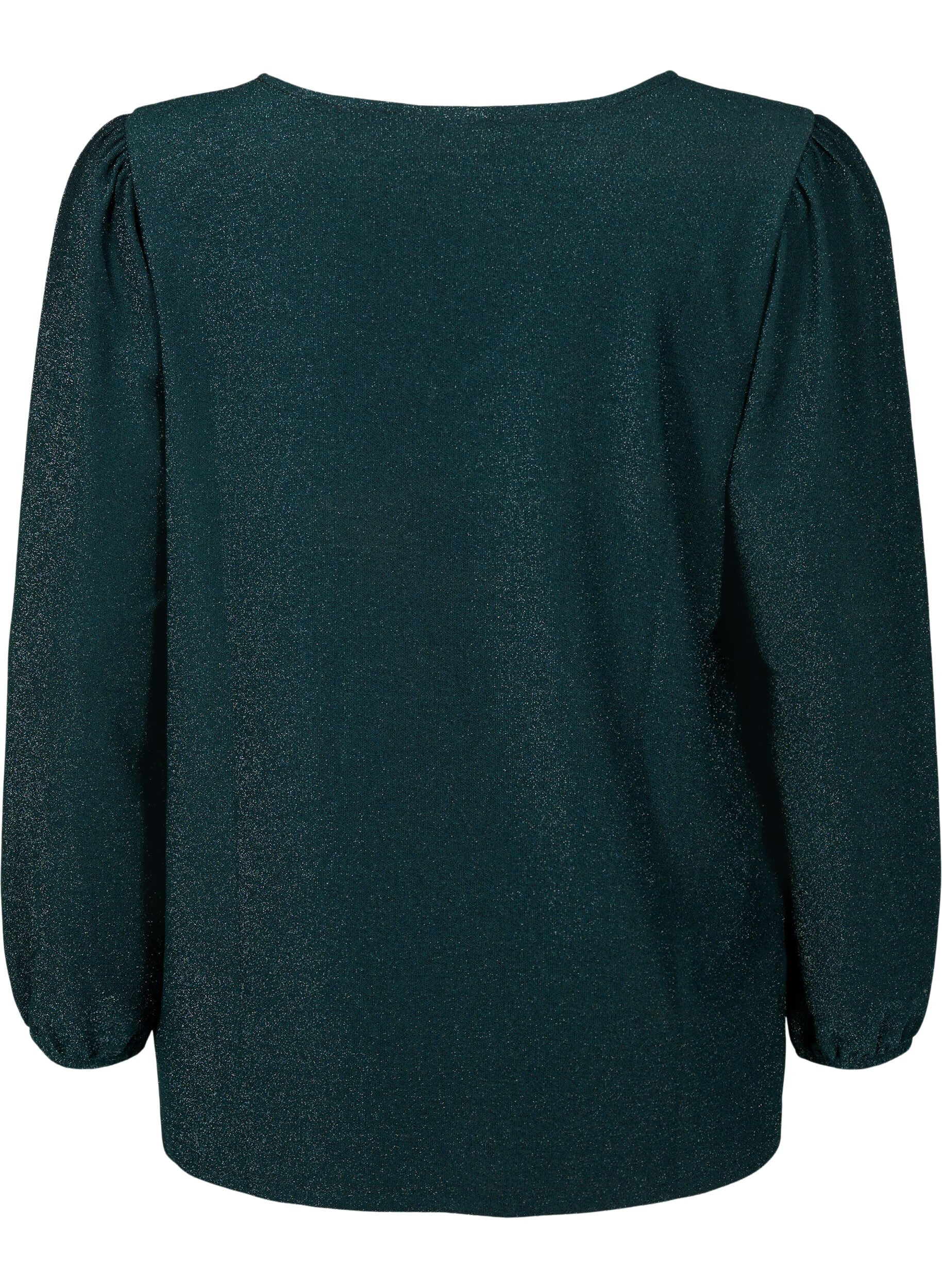 Zizzi Glitterbluse med puffermer, Black Scarab, Packshot image number 1