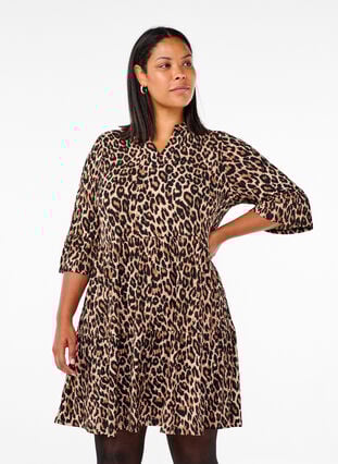 Zizzi Kort A-linje kjole med leopardmønster, Brun, Model image number 0