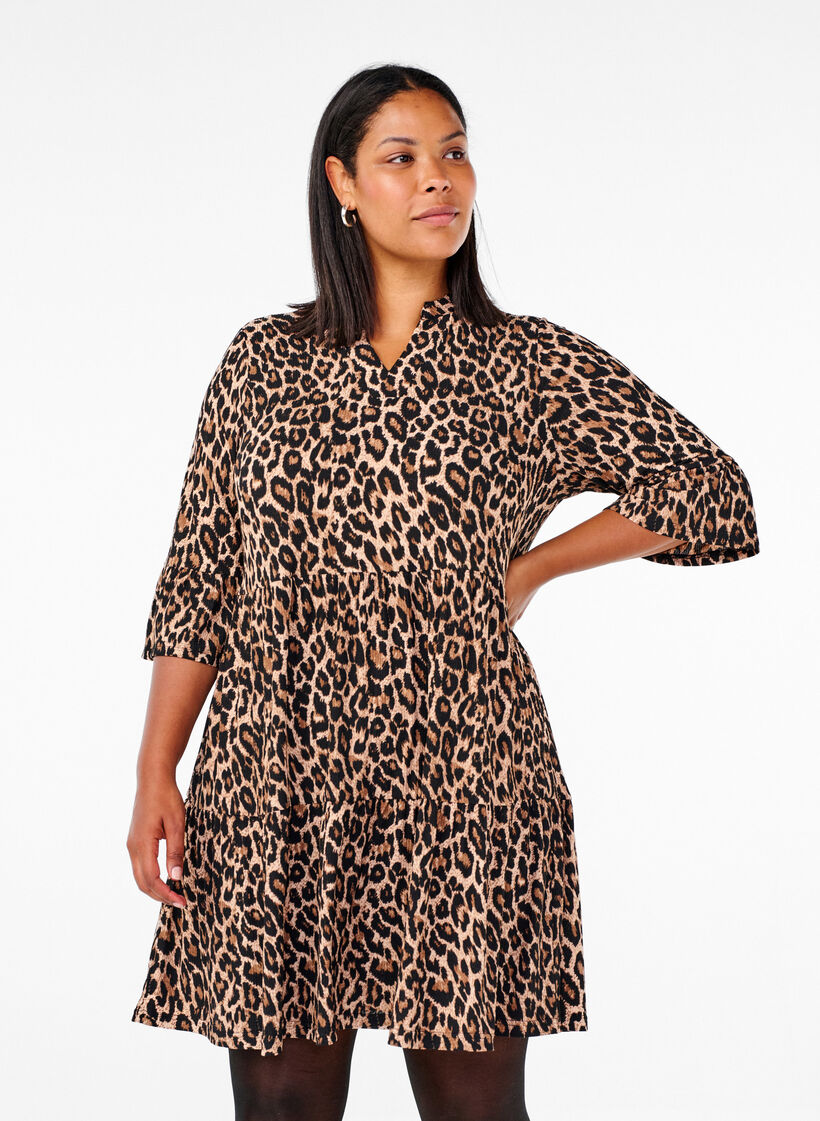 Kort A-linje kjole med leopardmønster, Brun, Model image number 0