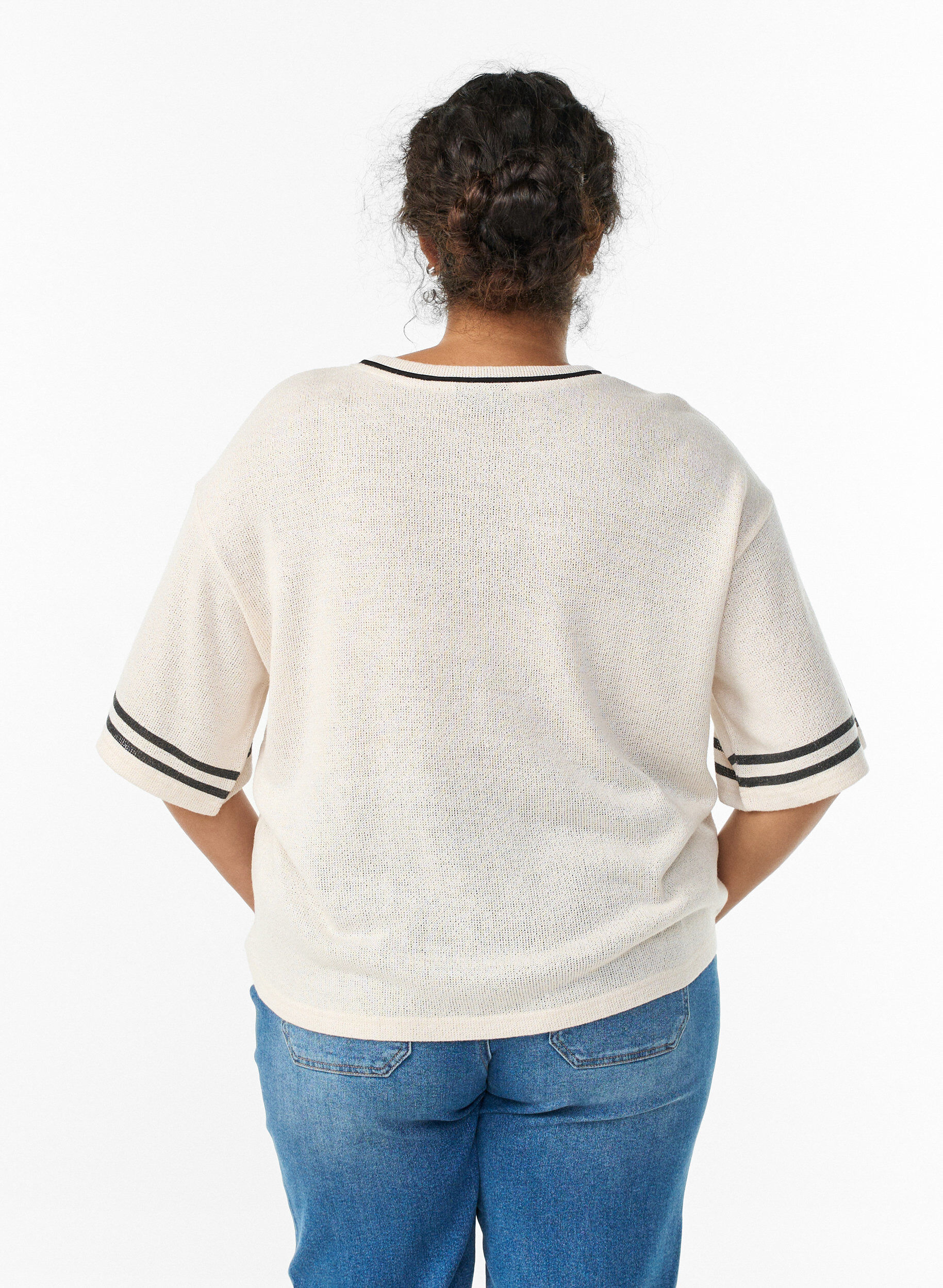 Zizzi Kortermet bluse med kontraststriper, Beige, Model image number 2