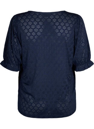 Bluse med V-hals og hullmønster, Navy Blazer, Packshot image number 1