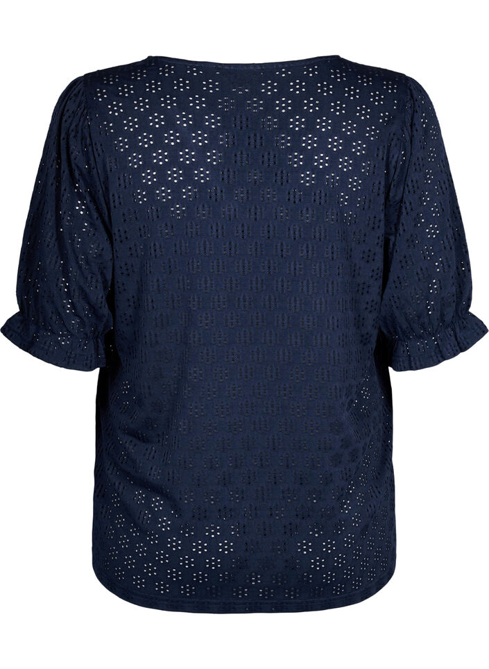 Bluse med V-hals og hullmønster, Navy Blazer, Packshot image number 1