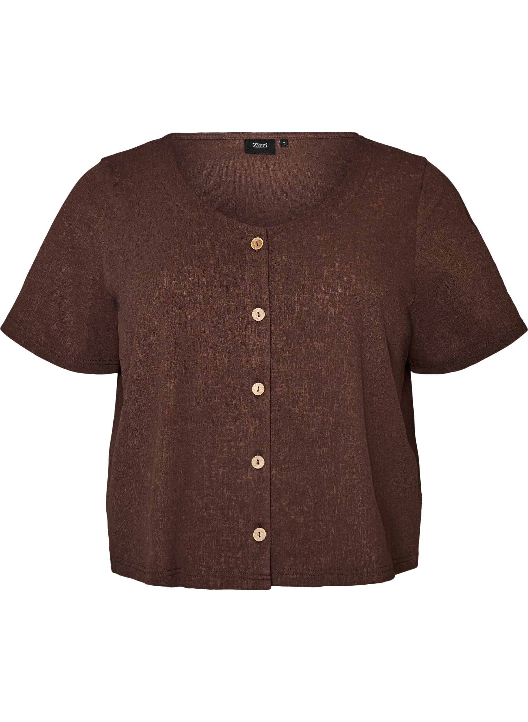 ZizziTeksturert bomullsbluse med knappelukking, Brun, Packshot image number 0