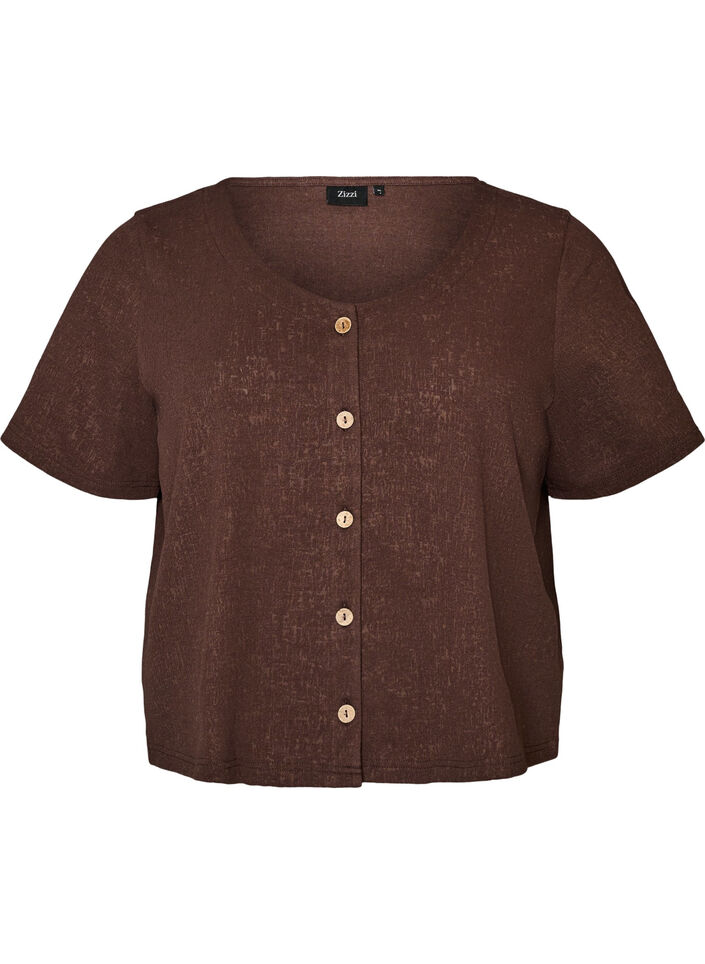 Teksturert bomullsbluse med knappelukking, Brun, Packshot image number 0