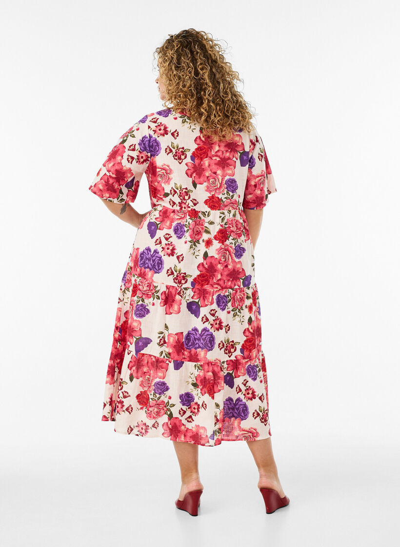 Bomullsmidikjole med blomsterprint, R&oslash;d, Model image number 1