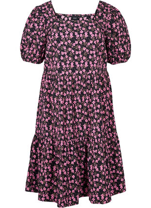 Blomstrete kjole i bomull med puffermer, Flower AOP, Packshot image number 0