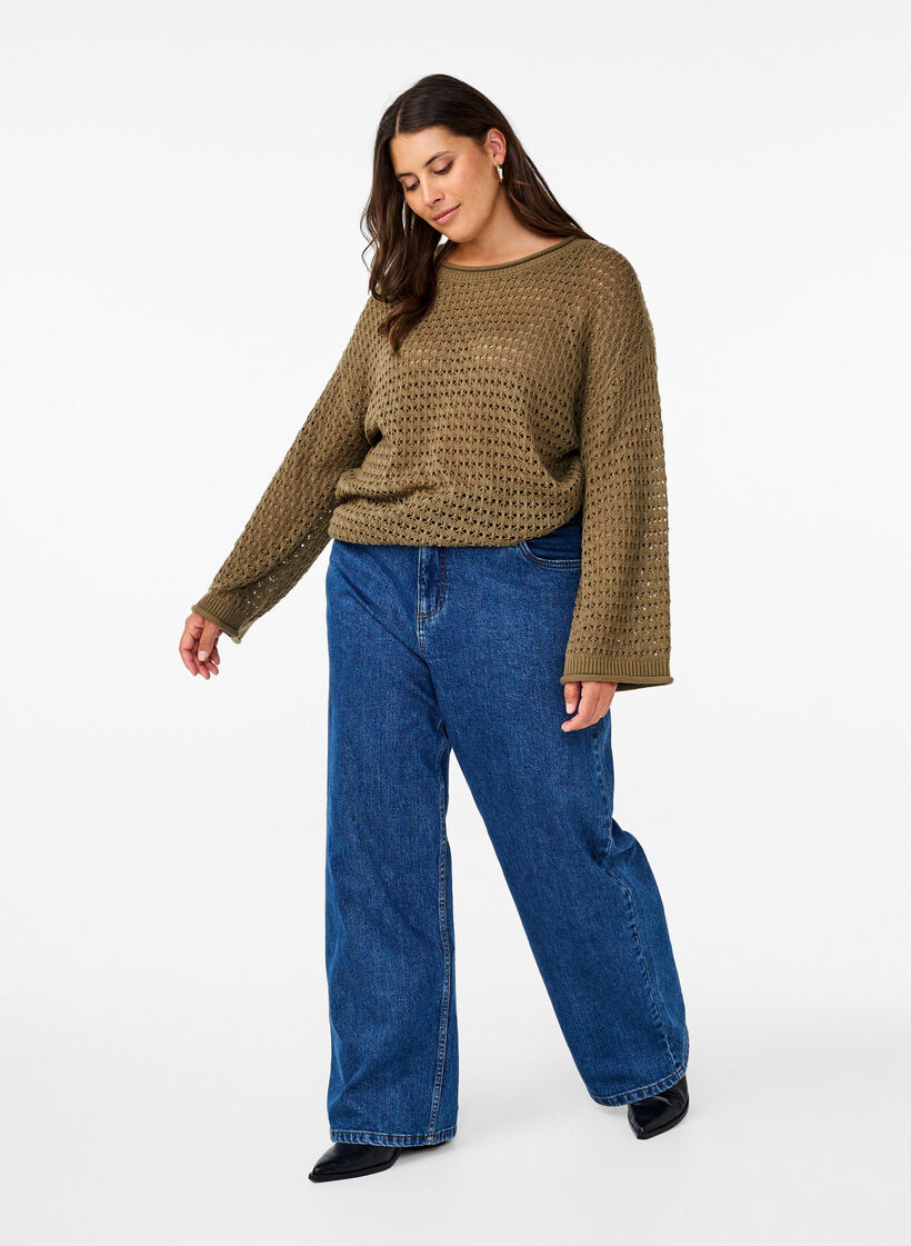 Strikkebluse med hullmønster, Dusky Green, Model image number 2