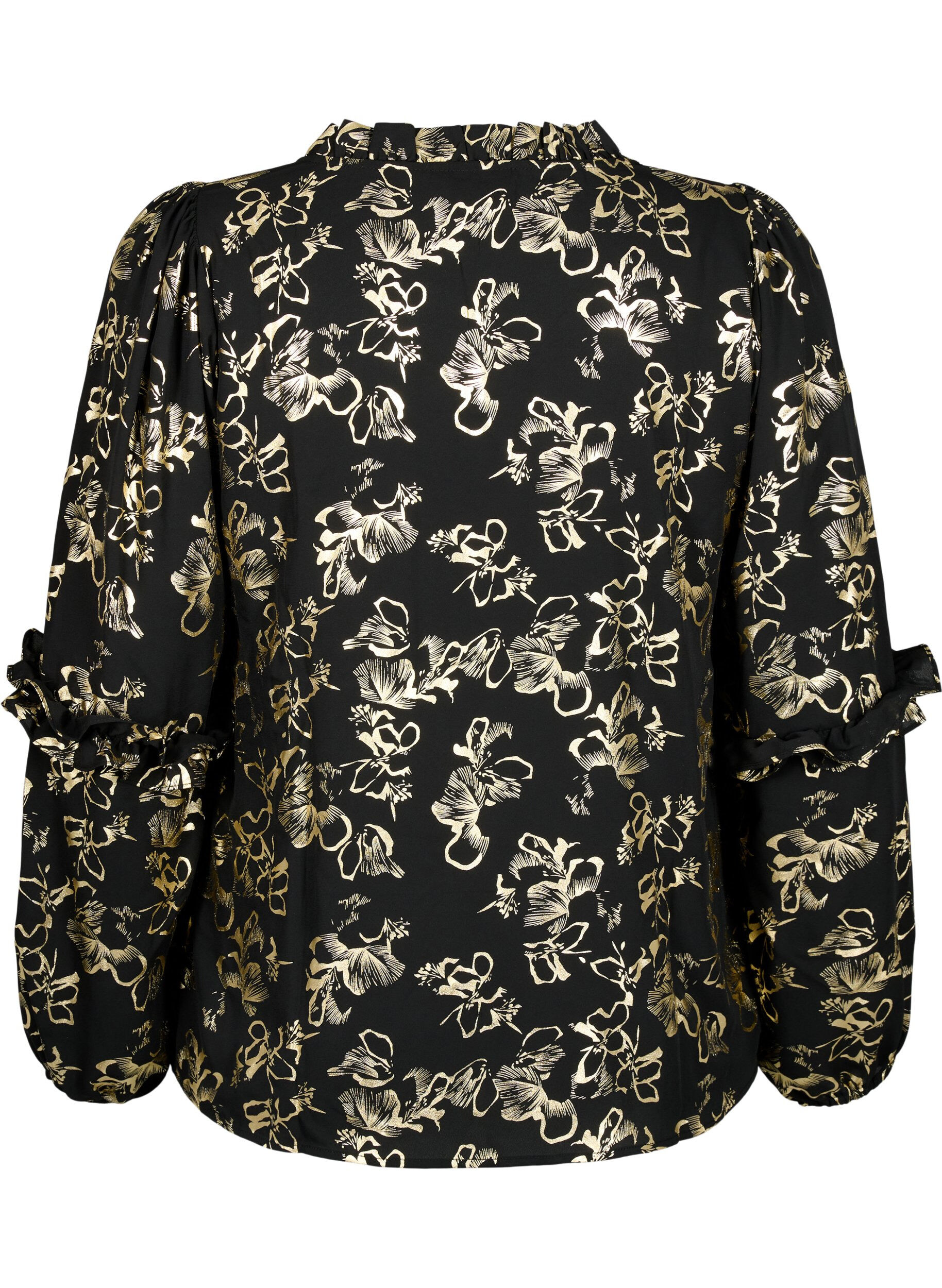 Zizzi Langermet bluse med volanger og folietrykk, Black Foil AOP, Packshot image number 1