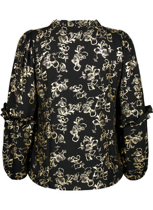 Langermet bluse med volanger og folietrykk, Black Foil AOP, Packshot image number 1