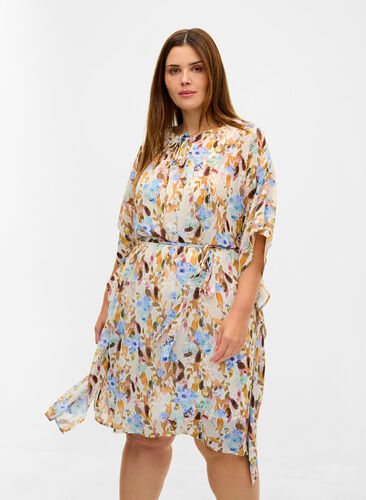 Blomstrete kjole med knyting, Humus Flower AOP, Model image number 0