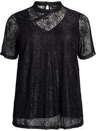 Bluse med blonder og vri-detalj og korte ermer, Black