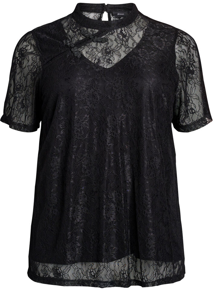 Bluse med blonder og vri-detalj og korte ermer, Svart, Packshot