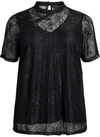 Bluse med blonder og vri-detalj og korte ermer, Svart Bluse med blonder og vri-detalj og korte ermer