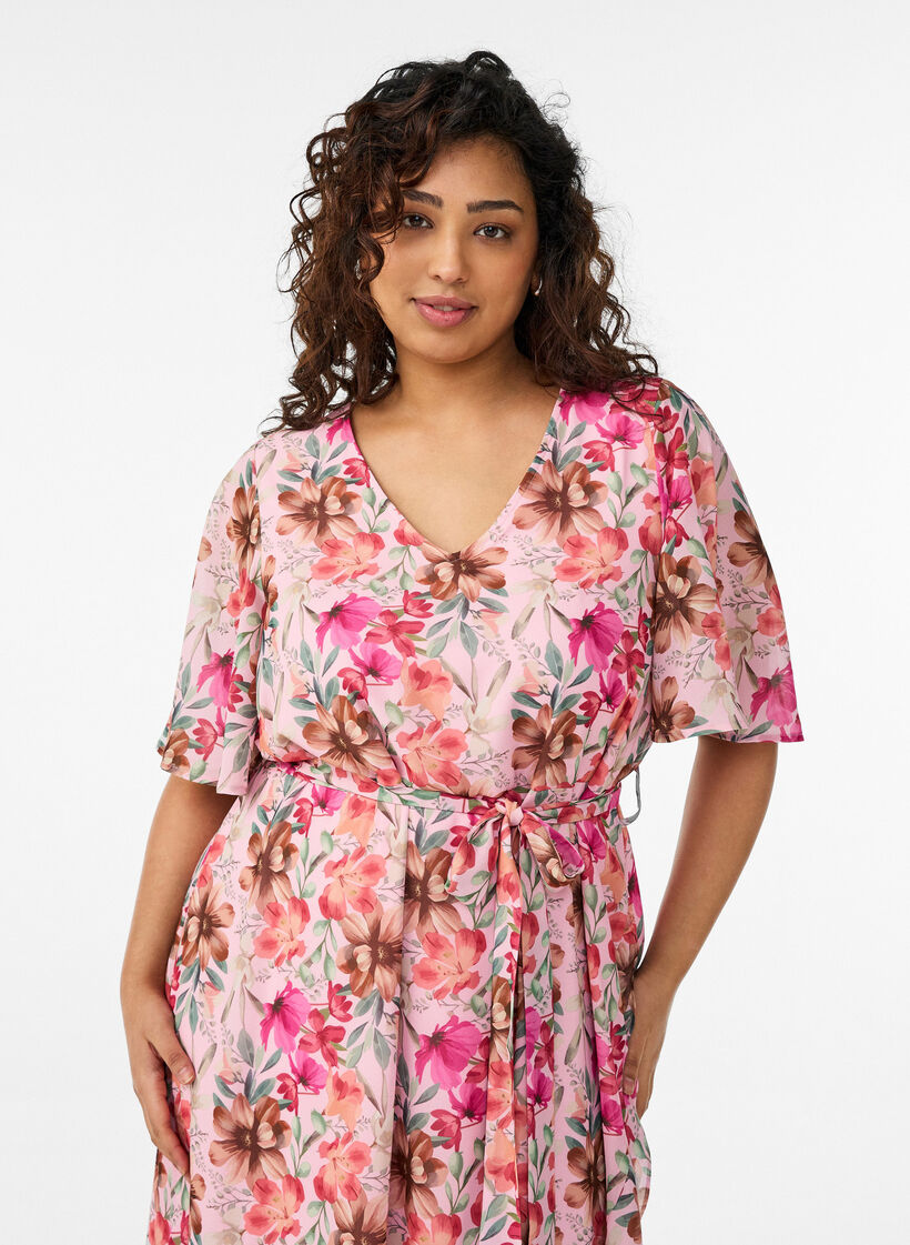 Chiffon maxikjole med V-hals og rysjekant, Rosa, Model image number 2