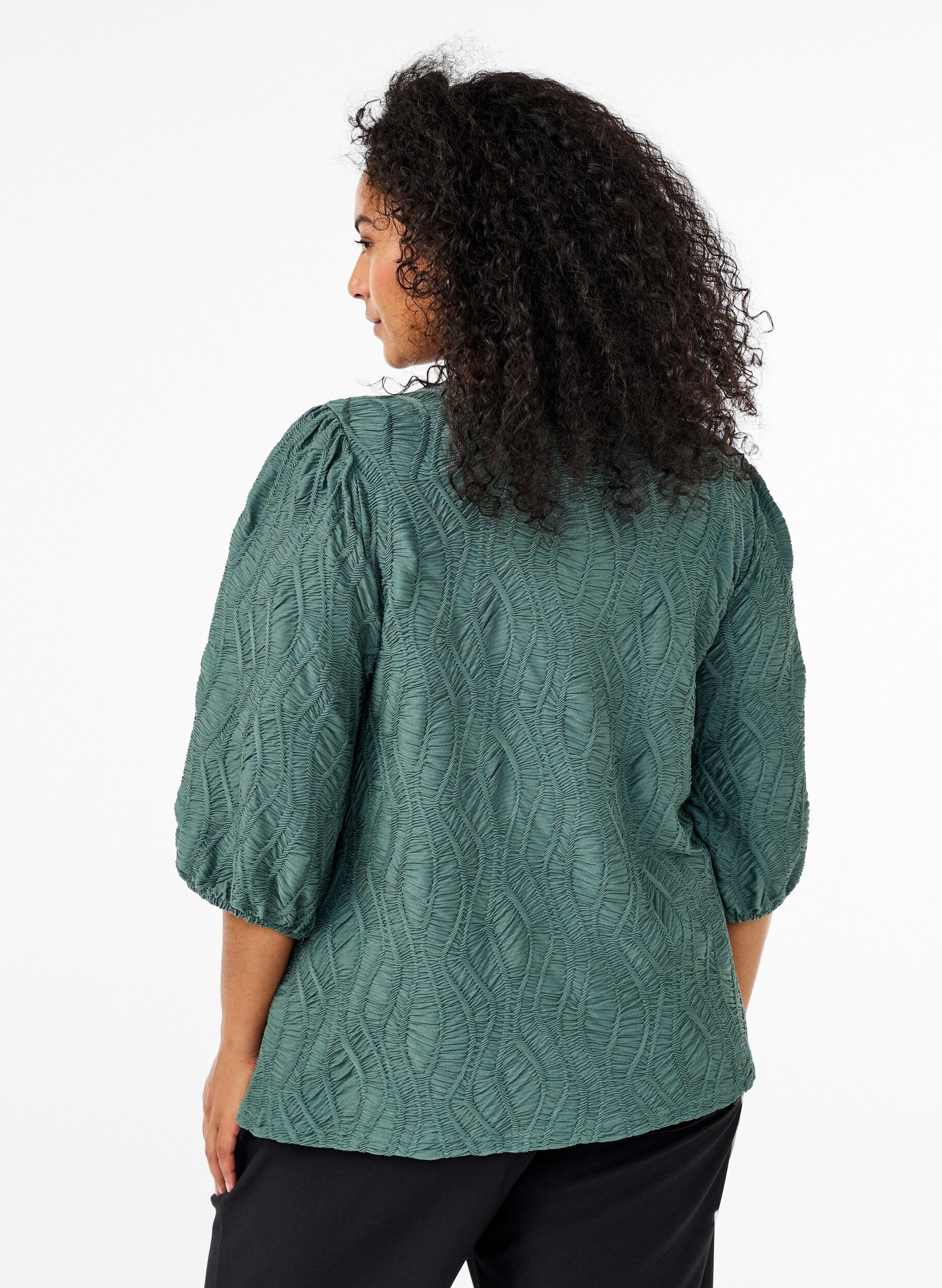 Zizzi Bluse med tekstur og 3/4-ermer, Gr&oslash;nn, Model image number 2