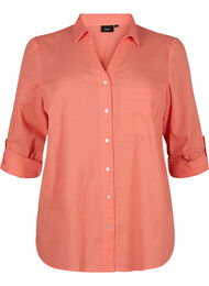 Skjortebluse med knappelukking i bomull-linblanding, Living Coral
