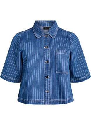 Zizzi Kort stripete denimskjorte, Blue Denim Stripe, Packshot image number 0