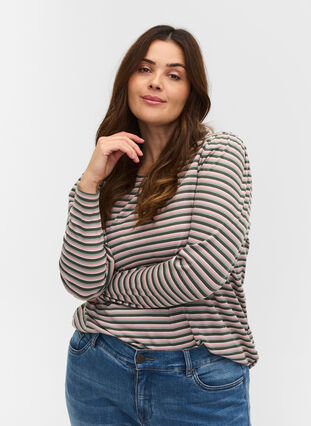 Stripete genser med lange ermer, Rosa/Green Stripe, Model image number 0