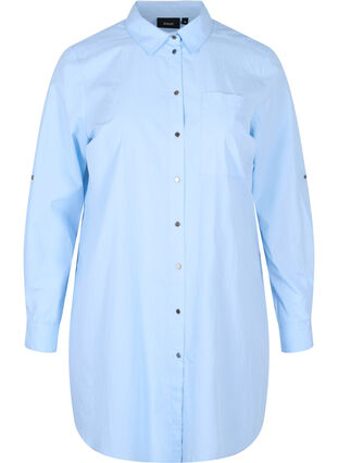 Lang bomullsskjorte med krage og knappelukking, Chambray Blue, Packshot image number 0
