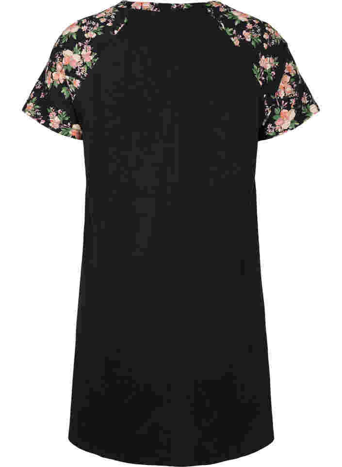 Kortermet nattkjole i bomull med mønster, Black Flower, Packshot image number 1