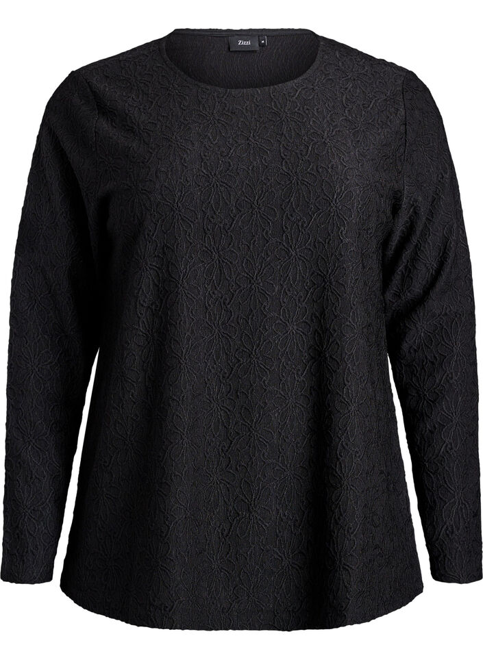 Langermet bluse med blomstrete tekstur, Svart, Packshot image number 0