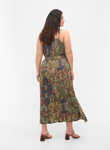 Ermeløs midikjole i viskose med paisleymønster, Green Paisley, Model image number 1