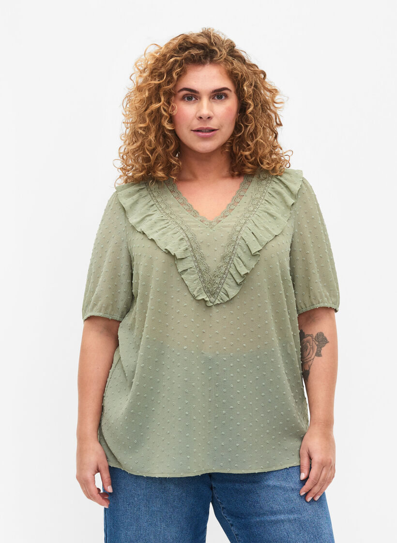Bluse med korte ermer og prikkete struktur, Seagrass , Model image number 0