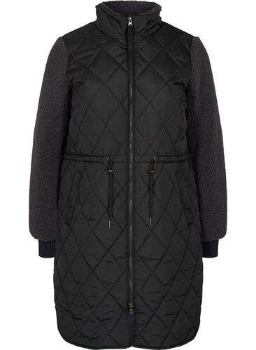 Quiltet jakke med teddy og justerbar midje, Black Comb, Packshot image number 0