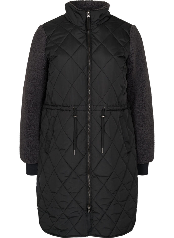 Quiltet jakke med teddy og justerbar midje, Black Comb, Packshot image number 0