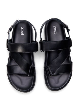 Sandal i skinn med bred passform og justerbare remmer, Black, Packshot image number 2