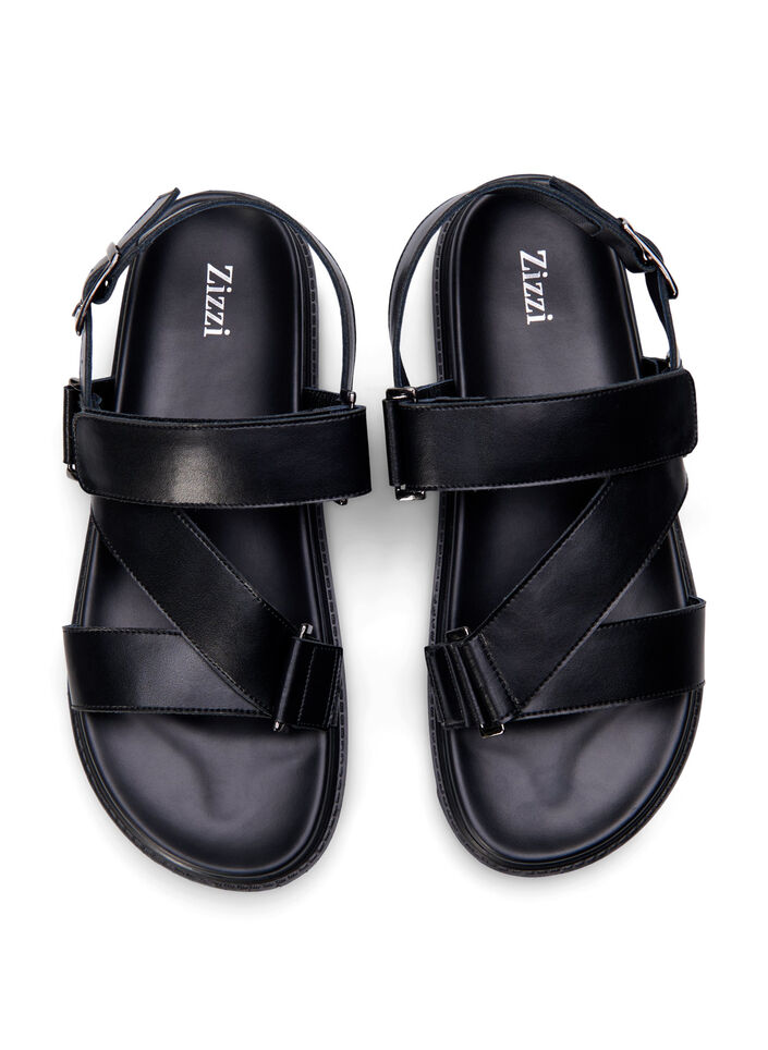 Sandal i skinn med bred passform og justerbare remmer, Svart, Packshot image number 2