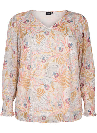 Blomstrete bluse med lange ermer og V-hals, Yellow/Pink AOP, Packshot image number 0