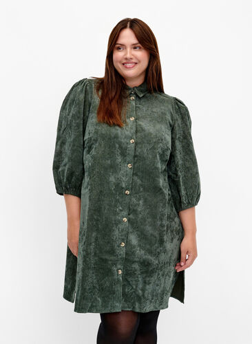 Kordfløyelskjole med 3/4-ermer og knapper, Deep Forest, Model image number 0