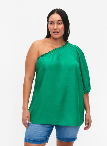 One-shoulder bluse i viskose, Deep Mint, Model image number 0