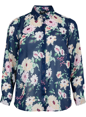 FLASH - Langermet skjorte med blomstermønster, Navy Flower, Packshot image number 0