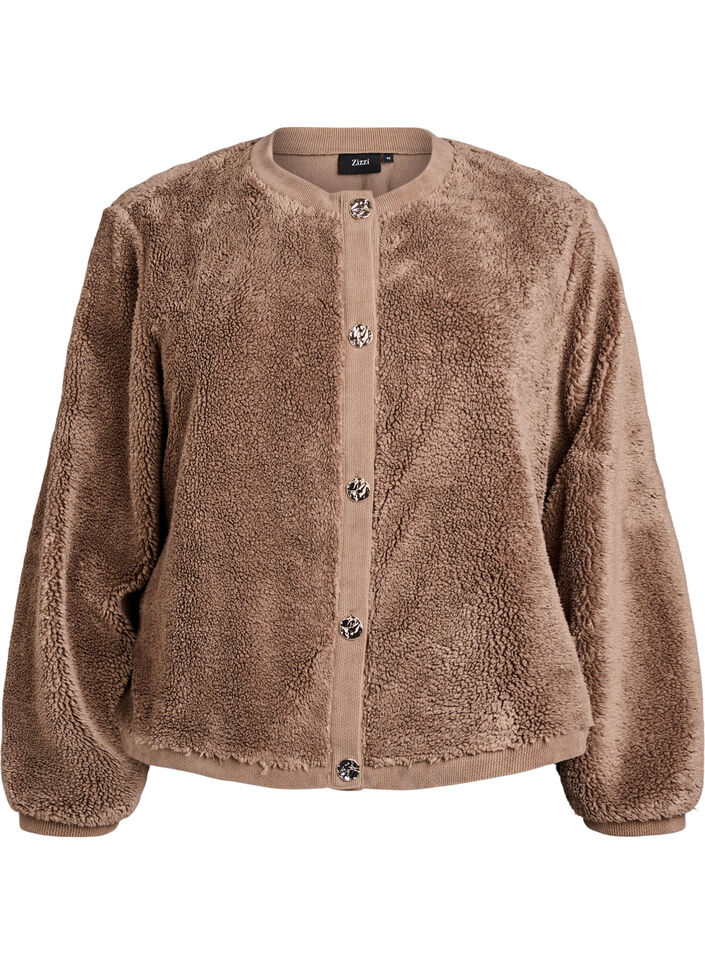 Teddy cardigan med pyntede knapper, Brun, Packshot image number 0