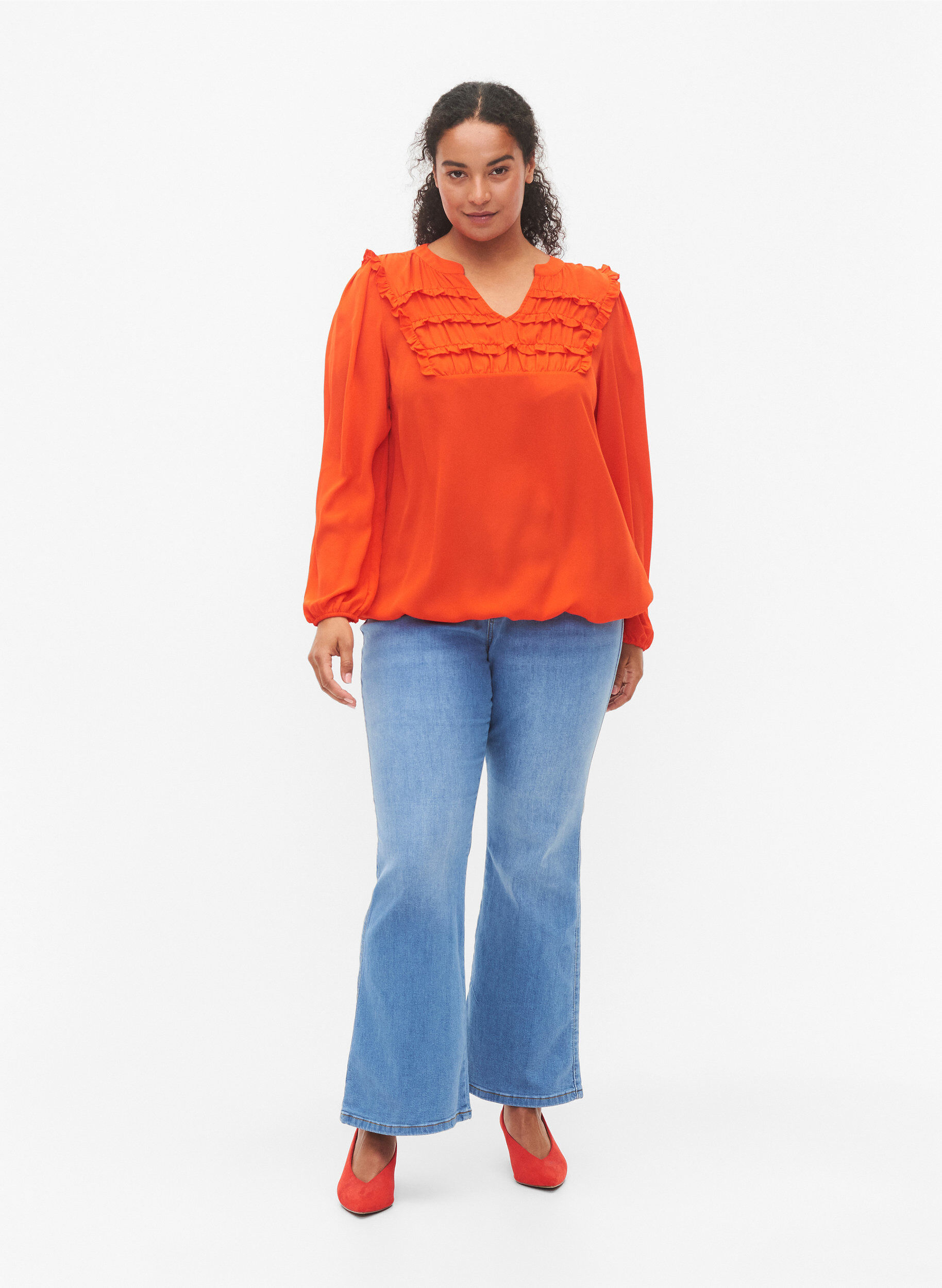 Zizzi Langermet bluse med frynsete detaljer, Orange.com, Model image number 3