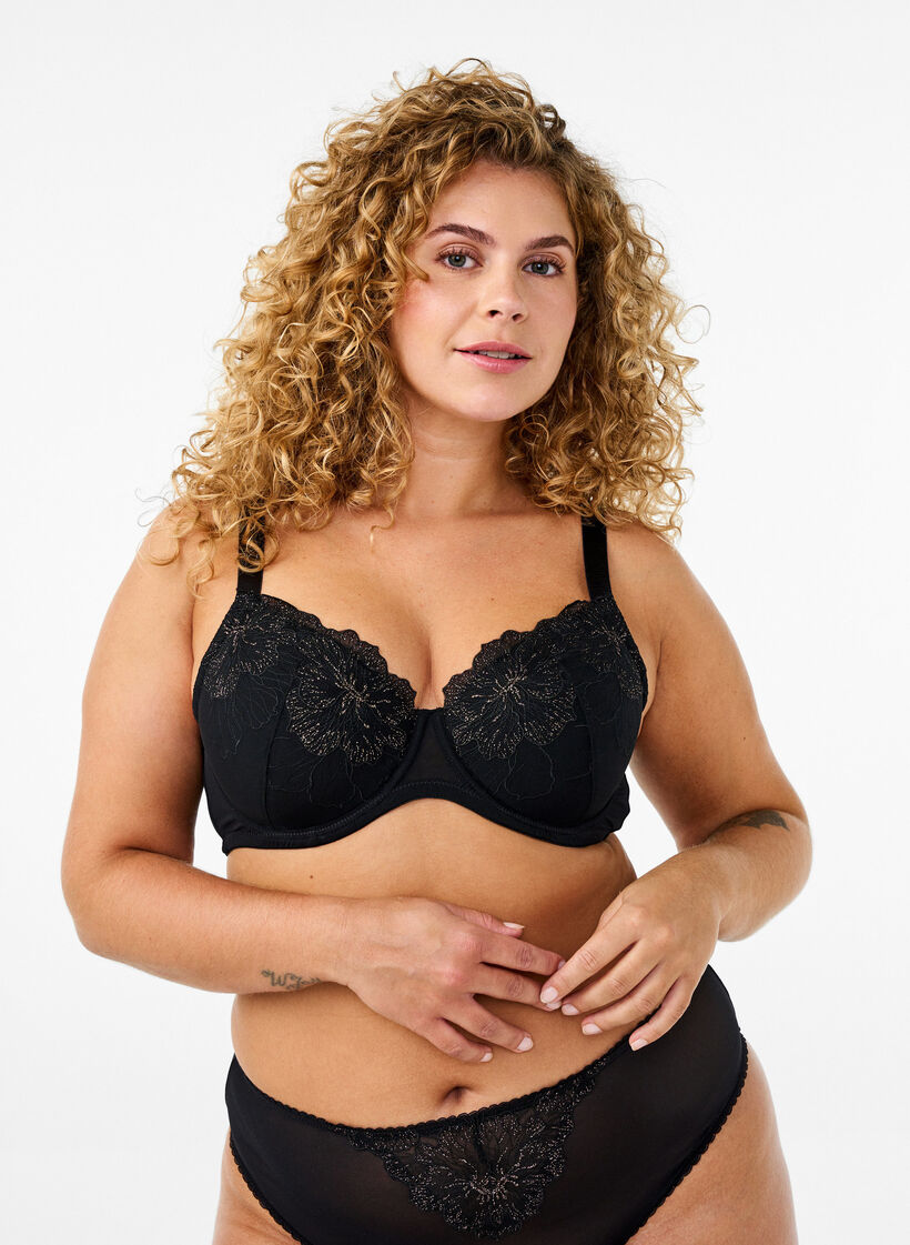 Polstret BH med skinnende brodert detalj, Svart, Model image number 0
