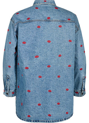 Zizzi Løs denimskjorte med broderte lepper, Light Blue Kiss, Packshot image number 1